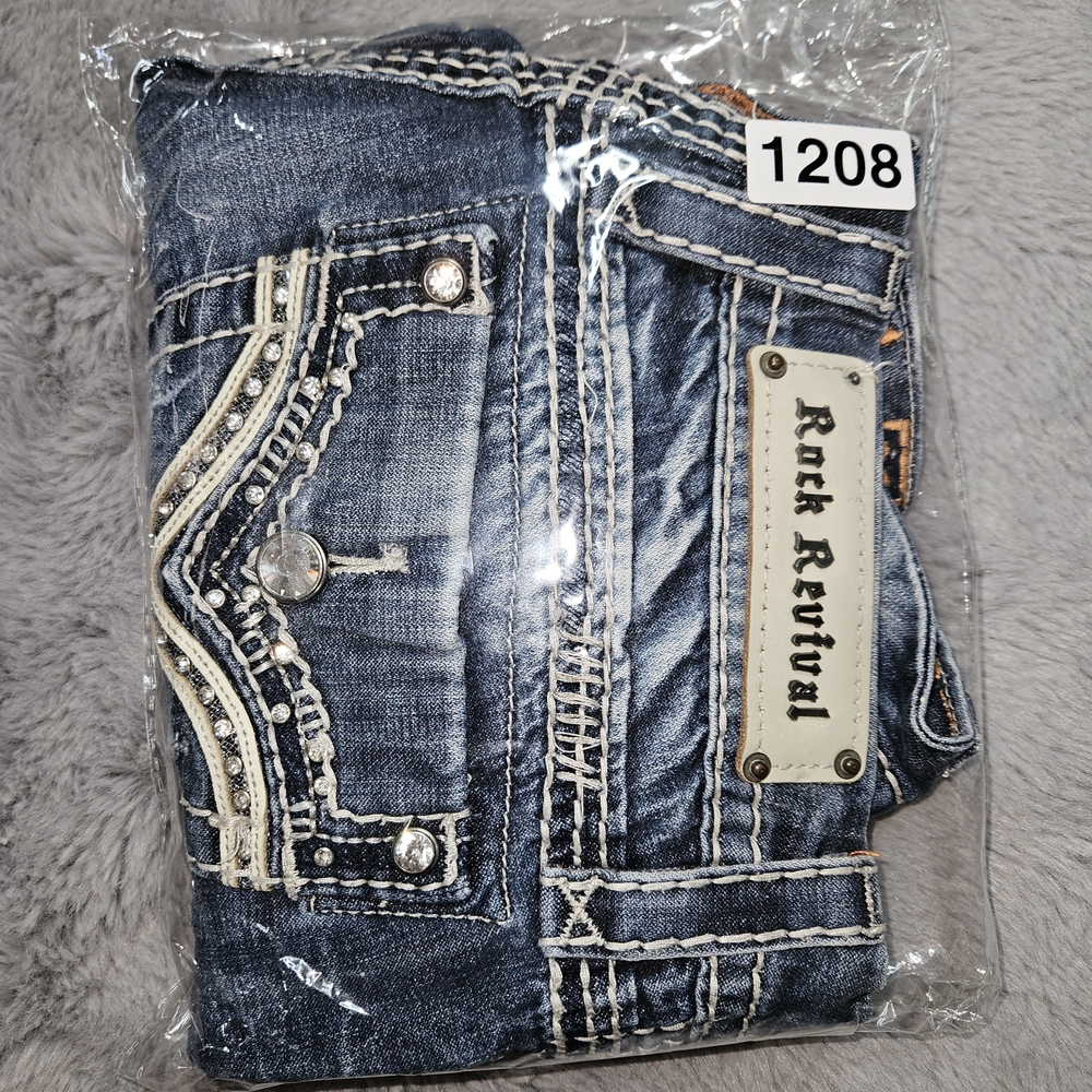 Rock Revival Blue Distressed Denim Shorts Cutoffs Bling Pockets Size 29 - Picture 13 of 13